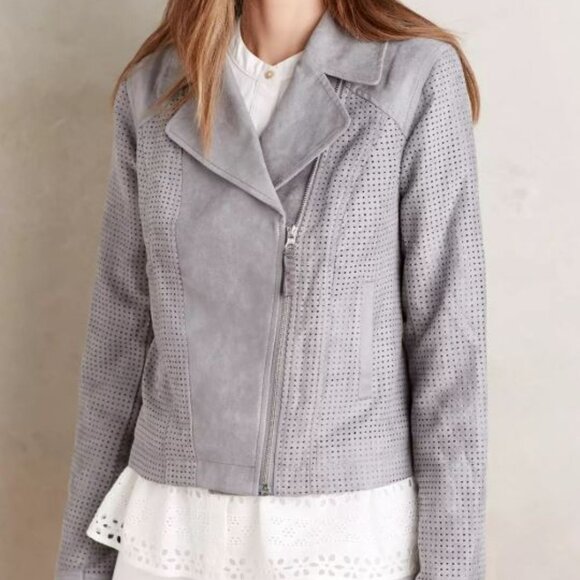 Anthropologie vegan suede grey perforated moto jacket - Picture 1 of 14
